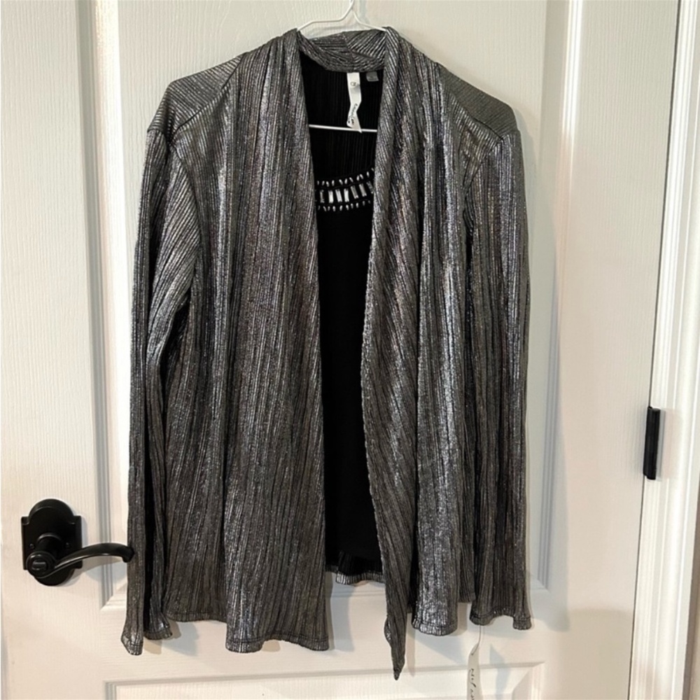 NY Collection Black Metallic Built-in Tank Cardigan Jeweled Top NWT